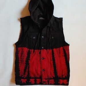 Hot Topic RUDE Denim Vest Two Tone Fire Red Tie Die and Black Hooded Vest